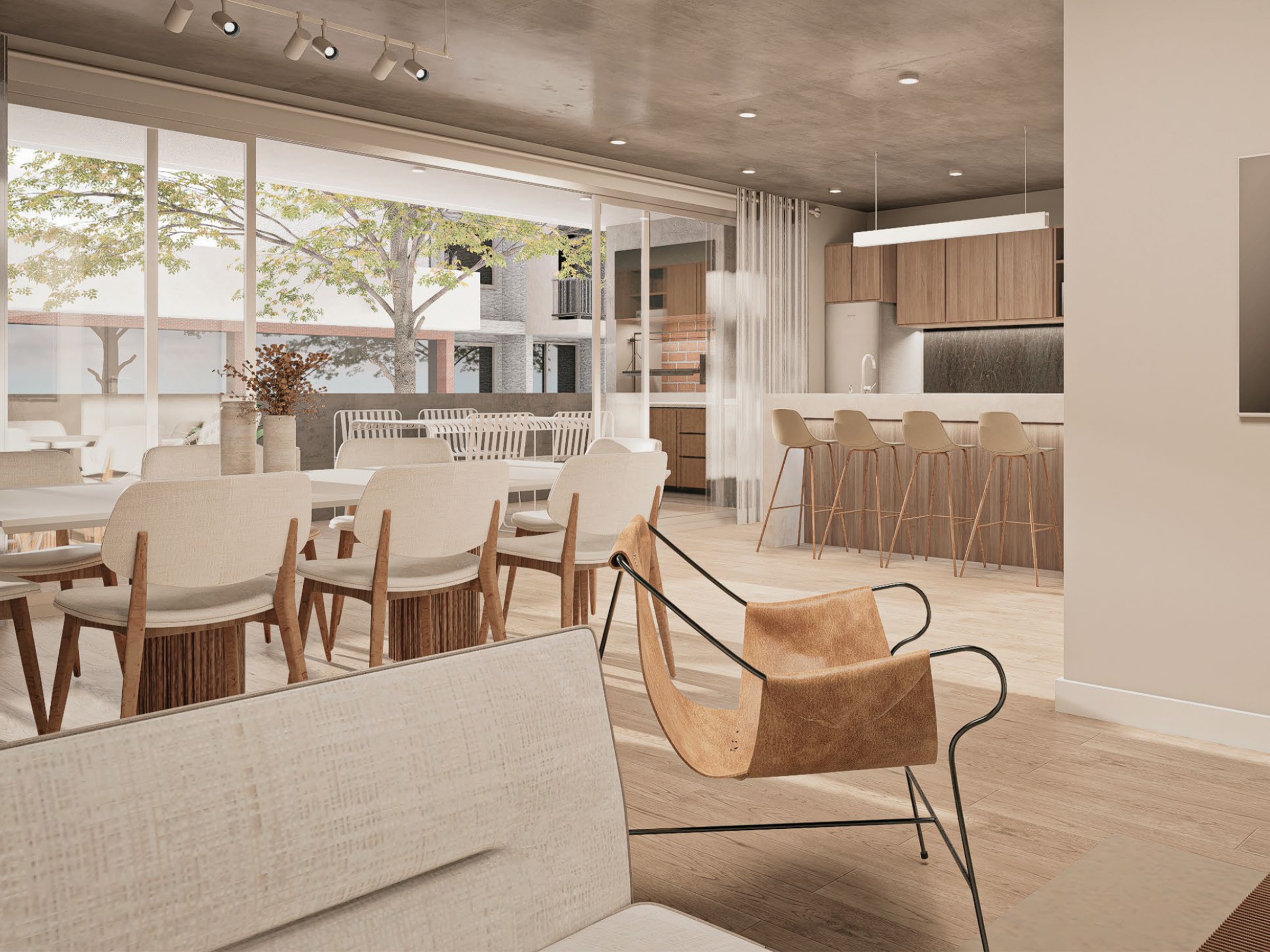 Interior con vista a terraza y cocina