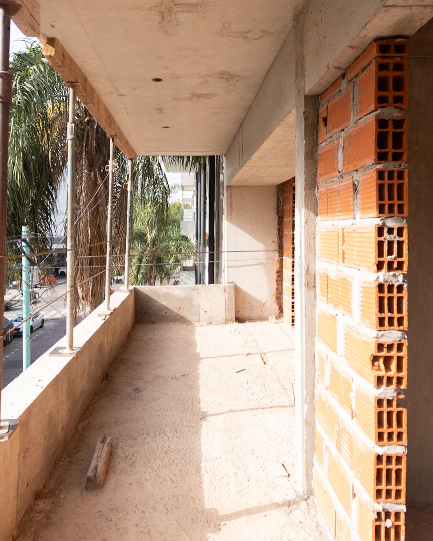 Balcón en construcción con palmeras