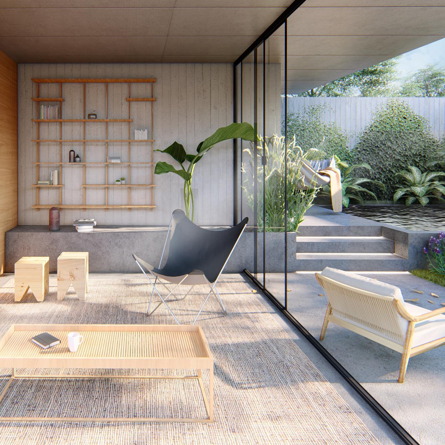 Render del estar con biblioteca de madera y patio