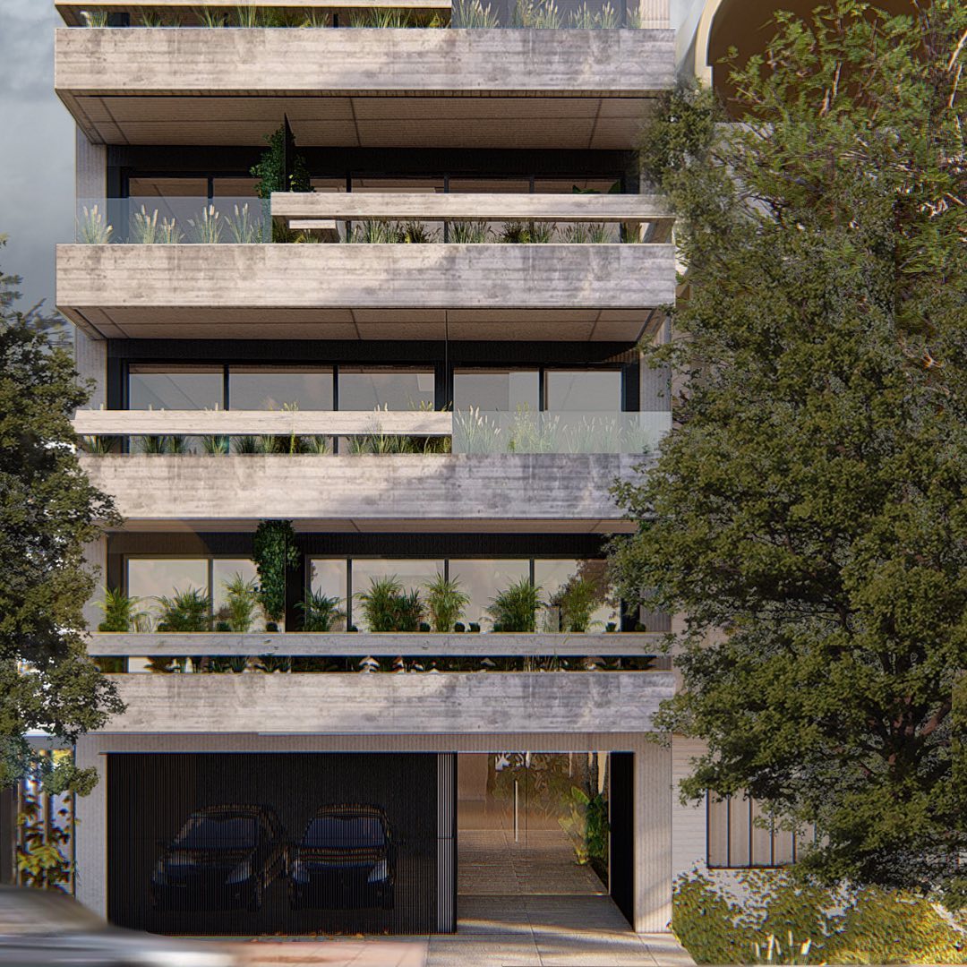 Render de la fachada con balcones con vegetación