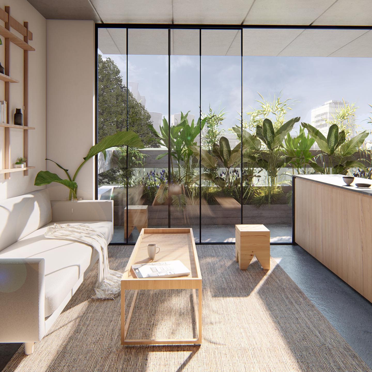 Render del living integrado con terraza con vegetación